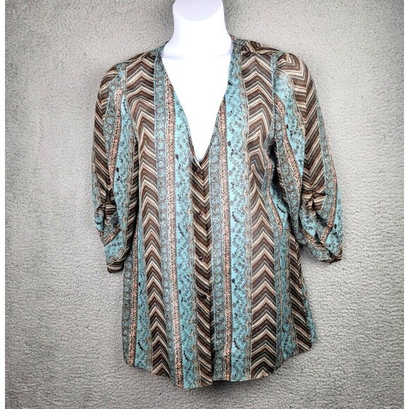 Emma James Top Womens Large Turquoise Brown Sheer Button-Up Lagenlook - Picture 1 of 14